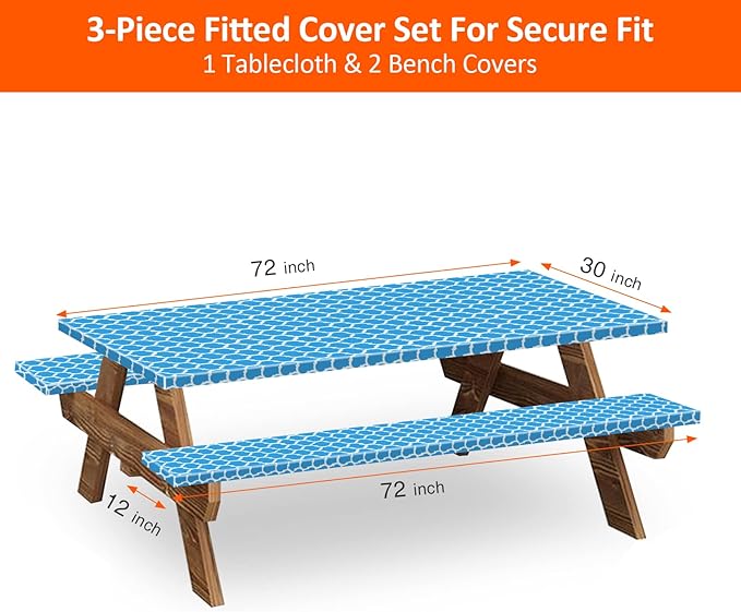 6ft Picnic Table and Bench Cover, Camping Essentials RV Gear, 72 in Waterproof Windproof Outdoor Elastic All Around Tablecloth, Fitted Rectangle Tables and Seats, Blue-White Moroccan