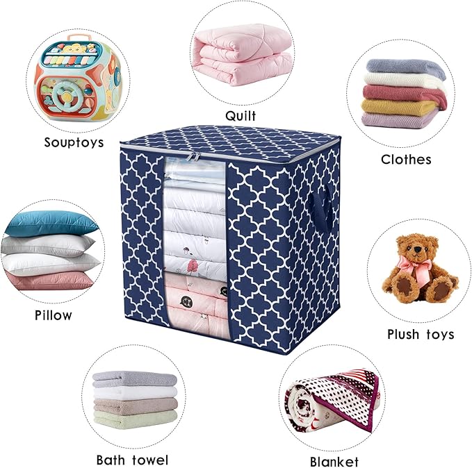 WISELIFE Storage Bags 4 Pack/100L Large Blanket Clothes Organization and Storage Containers for Comforters,Bedding, Foldable Organizer with Reinforced Handle, Clear Window, Sturdy Zippers,Blue