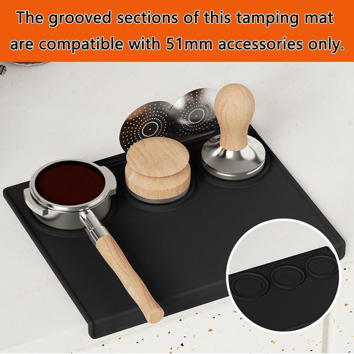 Espresso Tamping Mat, Silicone Coffee Tamping Mat with Three Grooved Sections Suitable for 51mm Tamper and Coffee Distributor