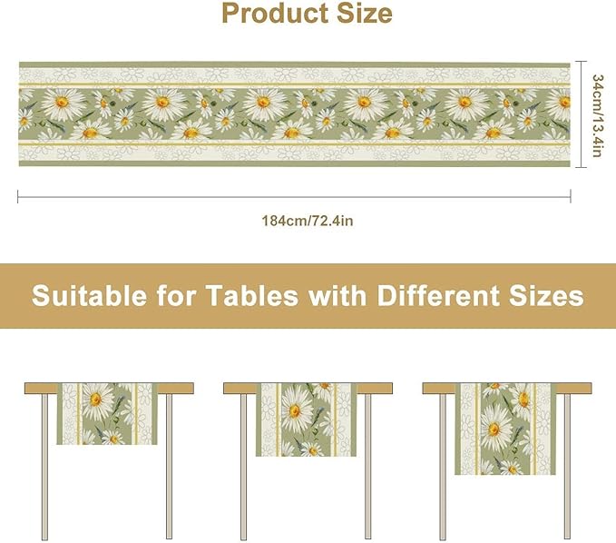 Daisy Flower Table Runner, Summer Watercolor Plants Floral Spring Garden Table Cover for Farmhouse Kitchen Dining Room Party Picnic Table Decor, 13x60inch