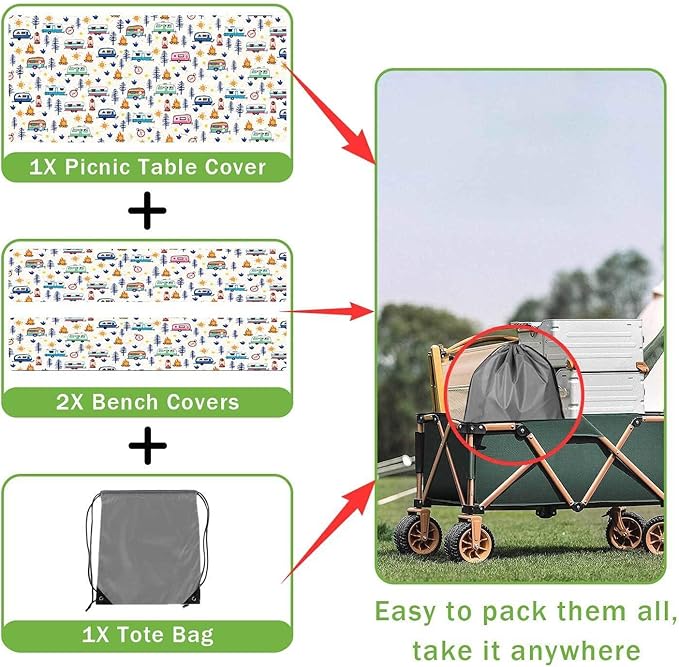 Camping Picnic Table Cover with Bench Covers, Wooden Camper RV Camping Tablecloth Fitted Picnic Table Covers for Indoor Family Garden Outdoor Party Decorations, 3 Pieces Set, 30X72in
