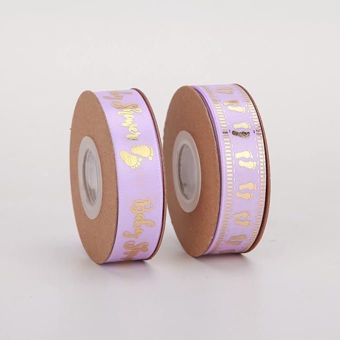 Meseey 20 Yards Baby Ribbon Foot Print Purple and Gold Ribbons for Crafts Cake Baby Shower Birthday,Gift Wrapping, Party Decoration (Purple)