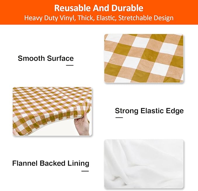 8ft Picnic Table and Bench Cover, Camping Essentials RV Gear, 96 in Waterproof Windproof Outdoor Elastic All Around Tablecloth, Fitted Rectangle Tables and Seats, Coffee-White Checkered