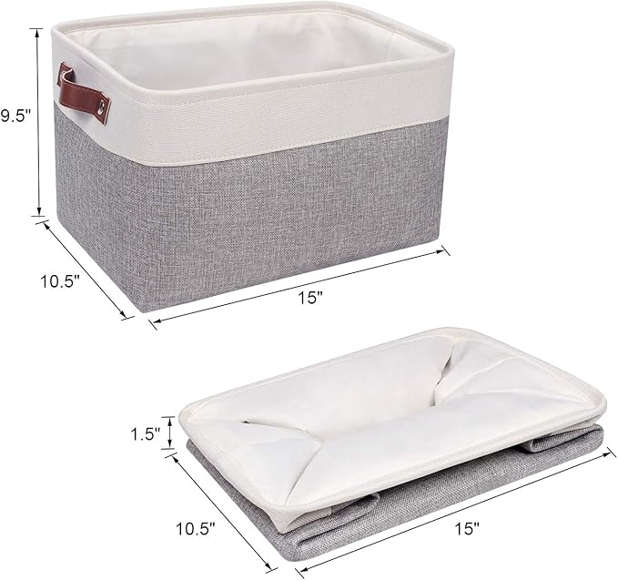 Univivi Fabric Storage Baskets Hard Bottom for Shelves,15X10.5X9.5 inch Rectangle Linen Closet Organizers,Foldable Storage Bins with PU Handles,Gray,4PC
