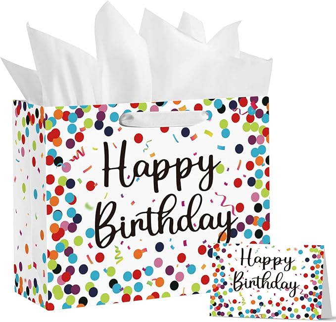 Horaldaily 13" Large Birthday Gift Paper Bags with Tissue Paper and Card, Happy Birthday Dots Streamers Gift Paper Bag for Men Women Kids Birthday,1Pcs
