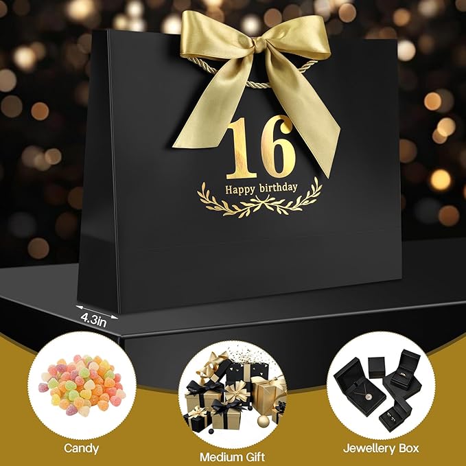 JMANNI Black Gold 16th Birthday Gift Bag with Card and Tissue Paper, 12.6"×9.84"×3.9" Elegant Present Bag for Teens, 16 Year Old Birthday Keepsake Party Supplies