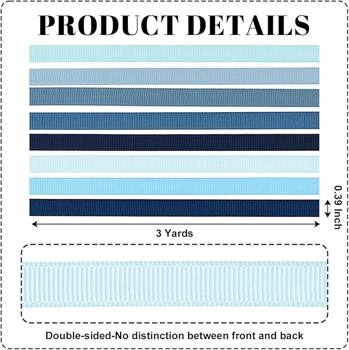 Blue 3/8 Inch Grosgrain Ribbon Set, 8 Pack x 3 Yards (24 Yards Total), Craft Ribbon for Baby Shower Wedding Bouquets Gift Wrapping Nautical Decor and Hair Bows