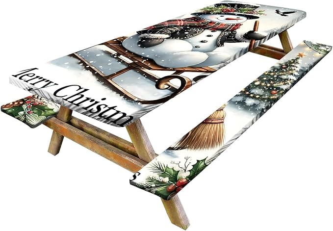 Picnic Table Cover with Bench Covers Set of 3, Elastic Fitted Tablecloth for 6 Foot Tables, Washable Polyester Tablecloths for Camping, Indoor & Outdoor