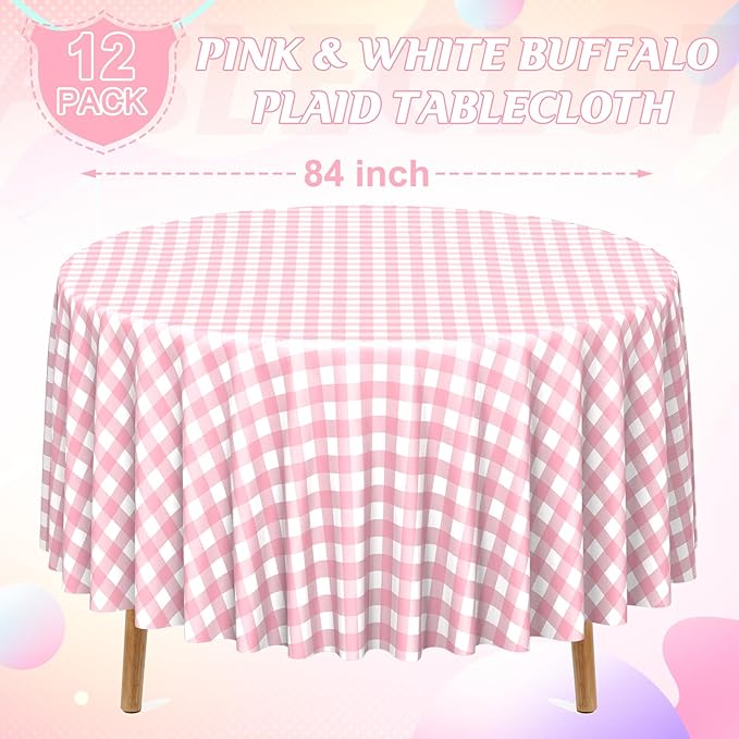 12 Pack Pink Gingham Tablecloth Round, Premium Decorative Disposable Pink and White Checkered Plaid Table Cloths for Parties, Round Party Table Cover for Picnic Farm Birthday Wedding Festivals, 84Inch