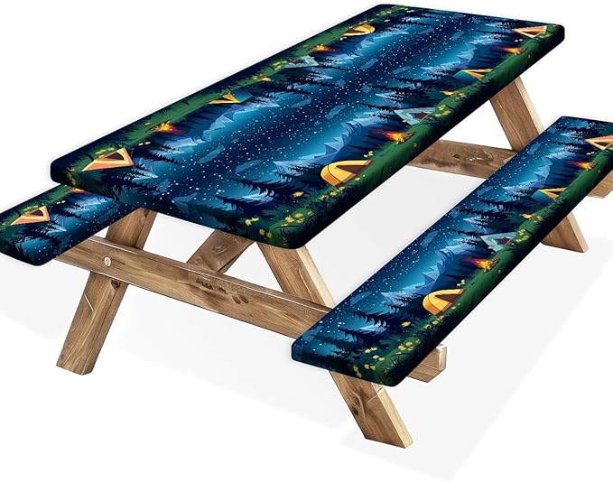 Camping Picnic Table Cover with Bench Covers, Camping Essentials, Forest Campfire Tent Flowers Outdoor Table Covers, Waterproof Windproof, Fitted Tablecloth Cover with Elastic Edge, 3 PCS, 30x96 Inch