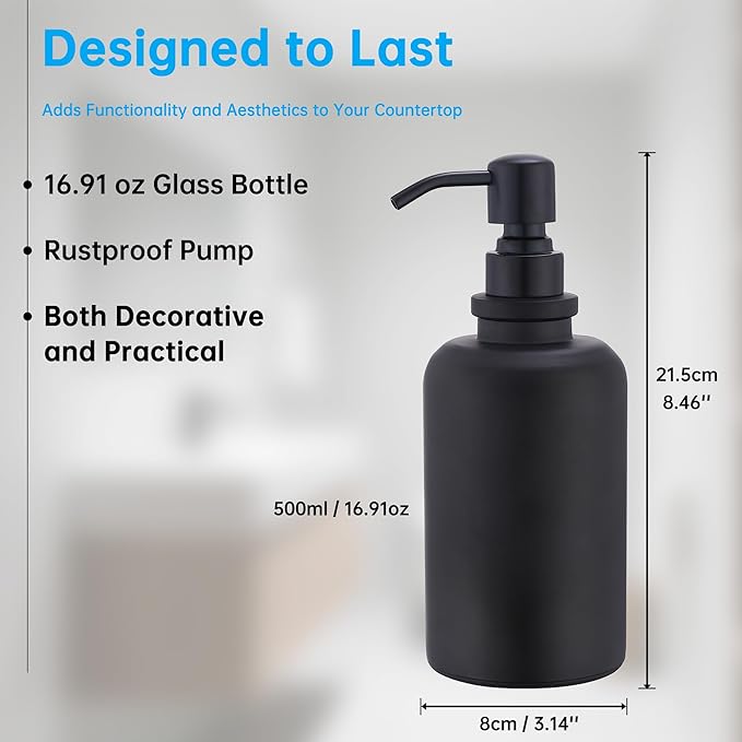 Matte Black Round Soap Dispenser for Bathroom Kitchen, 17 OZ Liquid Soap Dispenser Large Capacity Cylindrical with Stainless Steel Pump for Dish Hand Soap Vanity Countertop
