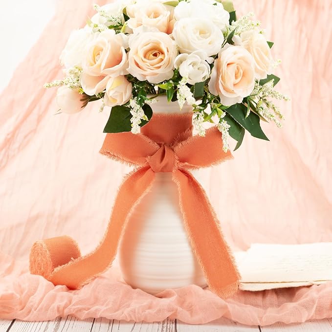 Burnt Orange Cotton Ribbon 1 Inch Burnt Orange 3 Rolls 21 Yards Frayed Edge Fabric Set for Wedding Decor, Bridal Bouquet Wrap, Baby Shower, Gift Wrapping, Fall Decor & Halloween Party