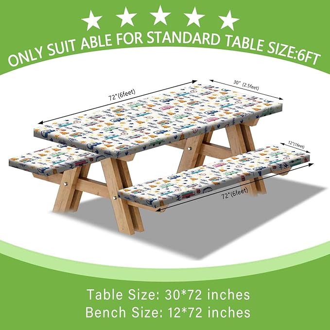 Camping Picnic Table Cover with Bench Covers, Wooden Camper RV Camping Tablecloth Fitted Picnic Table Covers for Indoor Family Garden Outdoor Party Decorations, 3 Pieces Set, 30X72in