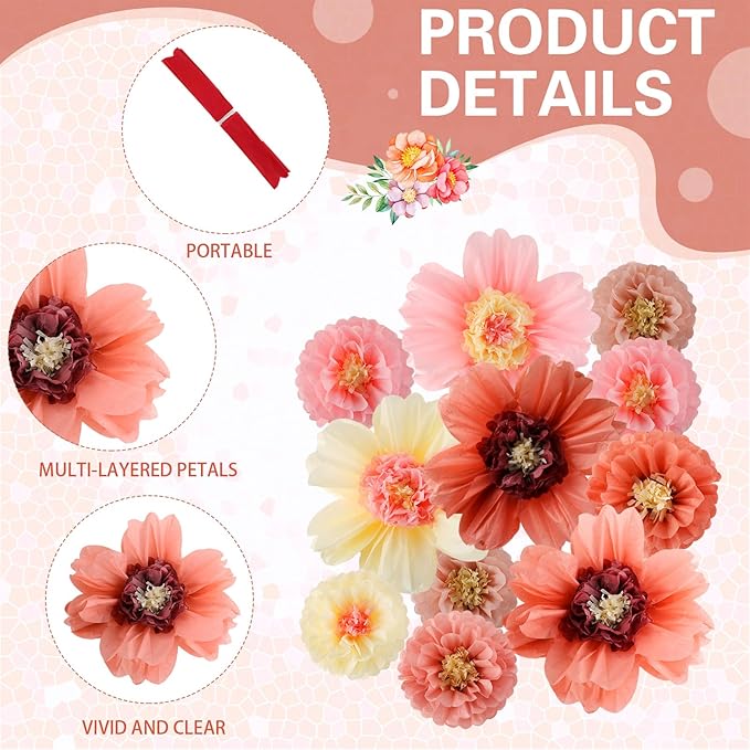 Crowye 36 Pcs Large Colorful Tissue Paper Flowers Decorations Giant Fiesta Craft Crepe Paper Flowers for Wall Decor Backdrop Mexican Wedding Birthday Carnival Party (10'' 20'',Vintage Color)