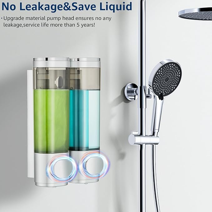 Pollock Shower Dispenser 2 Chamber No Drill Shampoo and Conditioner Dispenser for Bathroom, Large Capacity, Silver