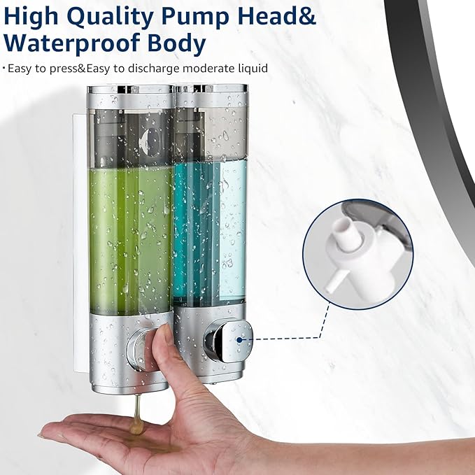 Pollock Shower Dispenser 2 Chamber No Drill Shampoo and Conditioner Dispenser for Bathroom, Large Capacity, Silver