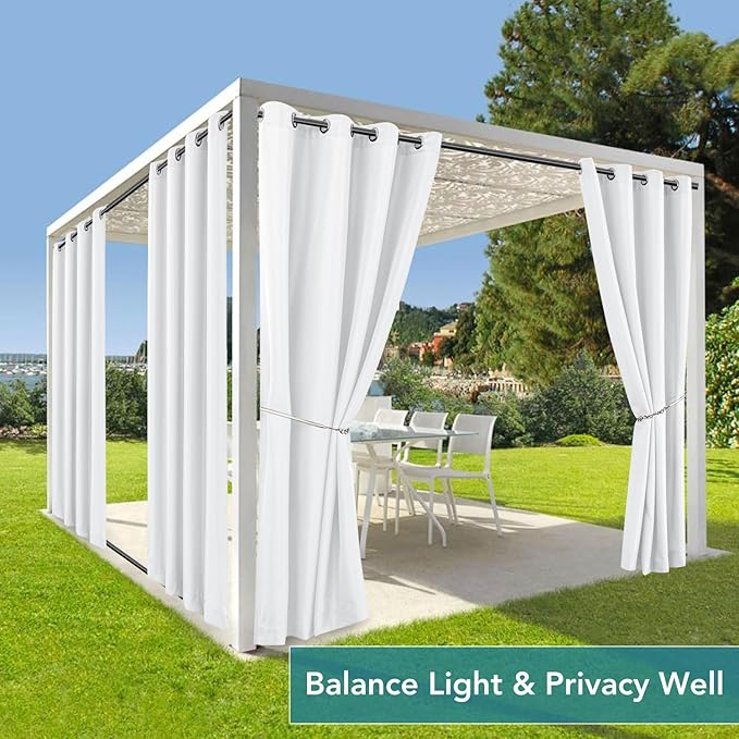 HolidayIdeas Outdoor Curtains for Patio Waterproof 6 Panels 54x95 Inch-Windproof Weatherproof Privacy White Curtains-Grommet Top and Tab Bottom Drape for Gazebo, Porch, Pergola, Cabana, Backyard