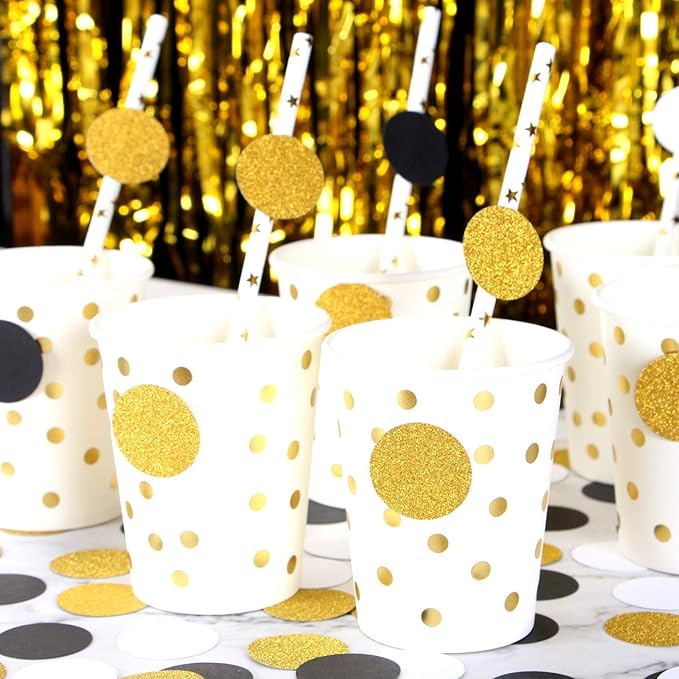 Black Gold White Party Table Confetti 300pcs Glitter Sprinkles Paper Decor Dots for Birthday Graduation Halloween Wedding Fathers day Baby Shower Decorations Lasting Surprise