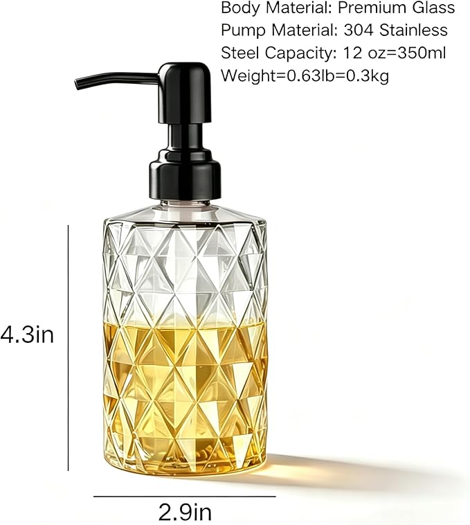 Easy Tang Glass Hand Dish Soap Dispenser Kitchen Bathroom 12 Oz Refillable Liquid Crystal Design Bottle with Black Pump (Clear)