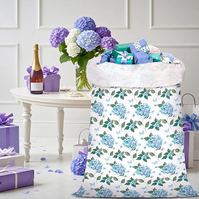 WRAPAHOLIC 56" Large Hydrangea Floral Plastic Gift Bag - Blue Hydrangea Flower Jumbo Bike Bag Gift Wrap for Wedding, Birthday, Bridal Shower, Tea Party - 56" H x 36" W