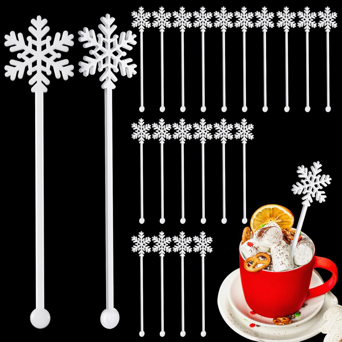 SiliFine 30 Pcs Christmas Drink Stirrers Snowflake Stir Sticks