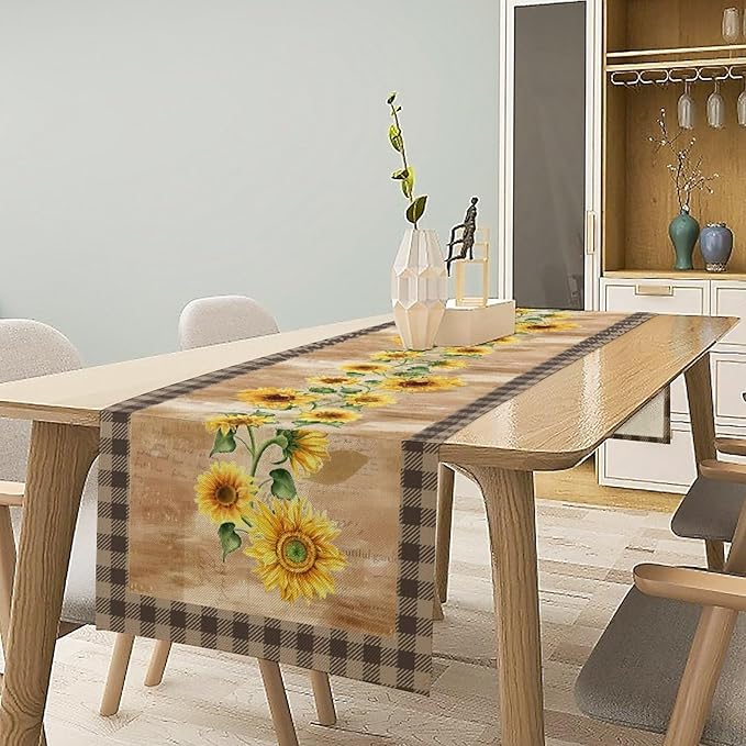Yellow Sunflower Table Runner, Spring Sunflower Seasonal Country Fall Retro Plant Table Runners for Kitchen Farmhouse Dining Coffee Party 13x36in