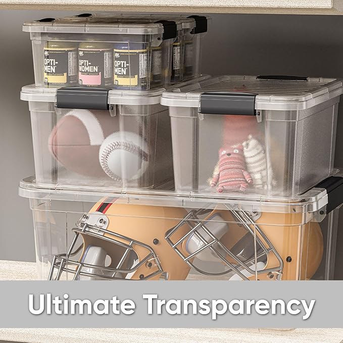 Superio Small Storage Bins with Lids- 4 Pack, 4.75 Qt Clear Boxes for Organizing, Stackable Plastic Containers- BPA Free, Non-Toxic, Odor Free, Organizer for Home, Office, Dorm