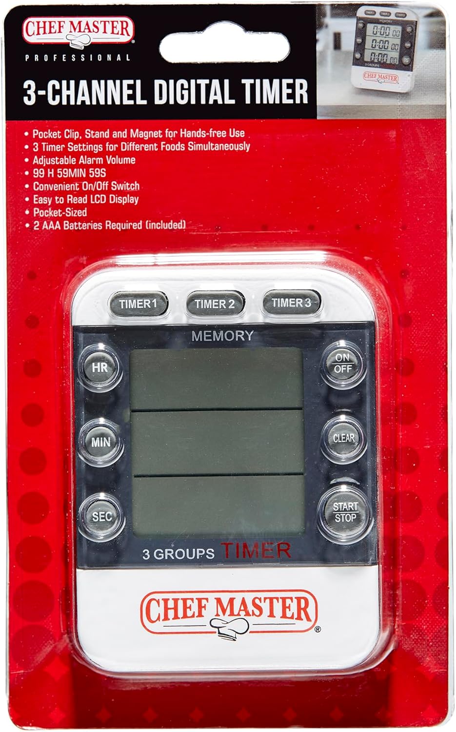 3-Channel Digital Timer by Chef Master, Triple Channel Count Up/Down Kitchen Digital Timer for Cooking, Roasting, Grilling, Marinade, Boiling, Baking