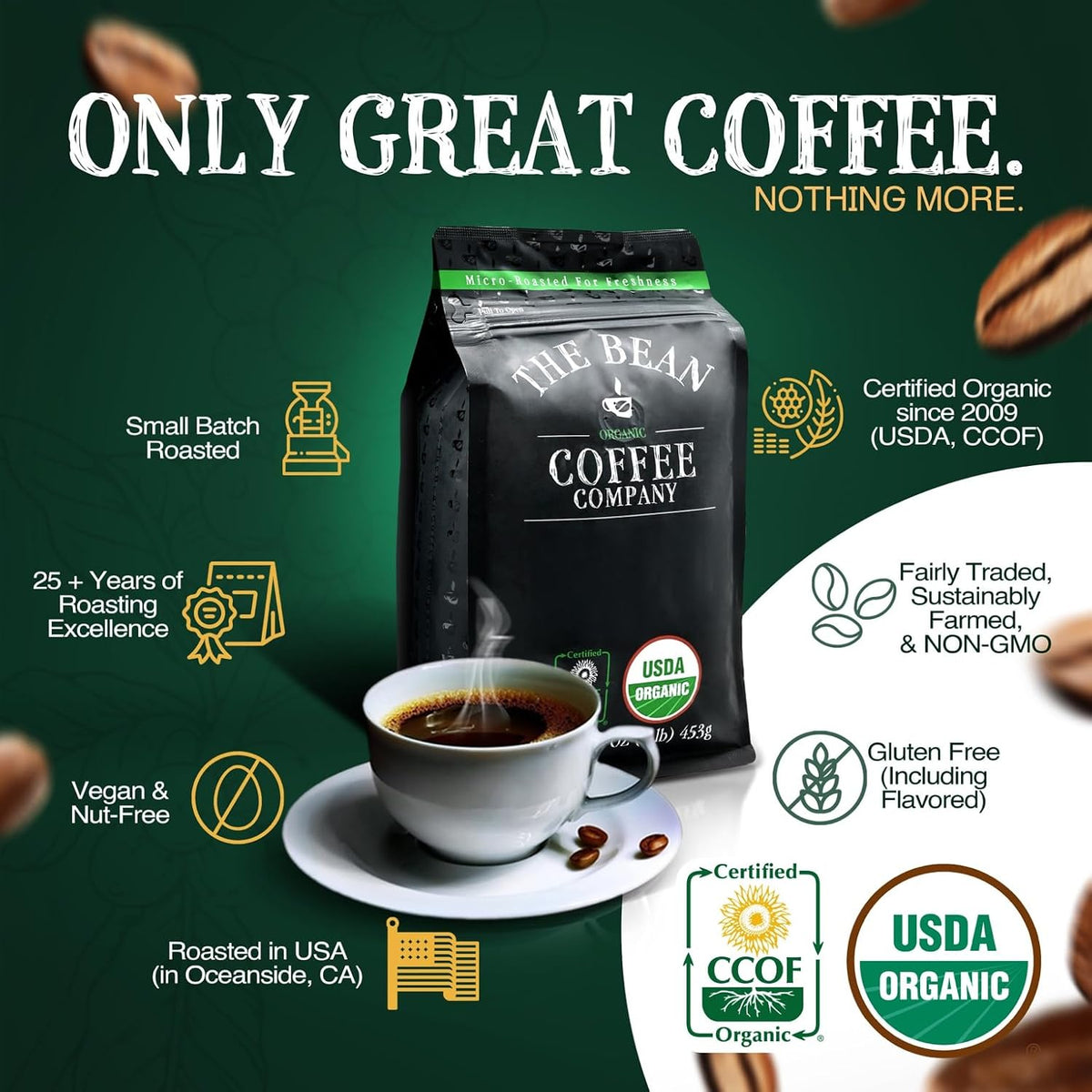 The Bean Organic Coffee Co. Breakfast Blend, Medium-Dark, Ground, 2 x 1 lb | Smooth, round-bodied breakfast blend. Organic ground coffee. Medium-Dark Roast. 2 x 1 lb.