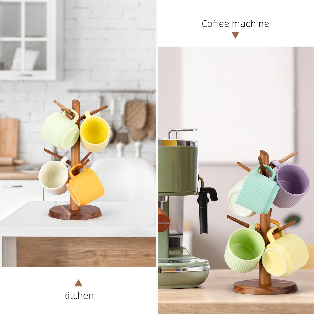 Acacia Wood Mug Holder Tree, 6 Hooks Wooden Mug Organizer for Kitchen Counter & Coffee Bar, Easy to Assemble, Natural Wood Color