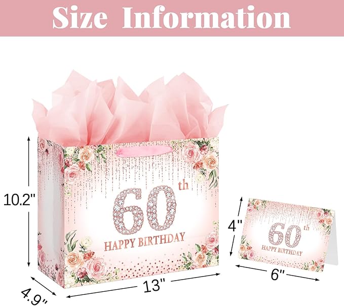 Laidans Rose Gold 60th Happy Birthday Gift Bag with Tissue Paper and Card for Women Party Supplies (Rose Gold) (60th)