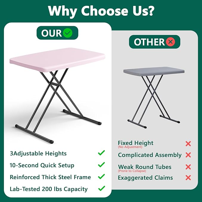 30 Inch Folding Table Set of 2, Adjustable Height TV Tray for Small Spaces, Heavy Duty Foldable Utility Table for Laptop, Dining, Camping, No Assembly, 200 lbs Capacity, Pink Granite