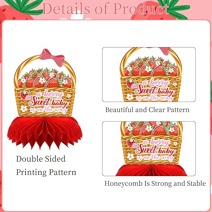 Strawberry Baby Shower Decorations, 12PCS Berry Sweet Honeycomb Centerpieces Decoration A Berry Sweet Baby Is on the Way Party Table Decor Supplies