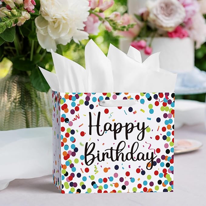 Horaldaily 13" Large Birthday Gift Paper Bags with Tissue Paper and Card, Happy Birthday Dots Streamers Gift Paper Bag for Men Women Kids Birthday,1Pcs