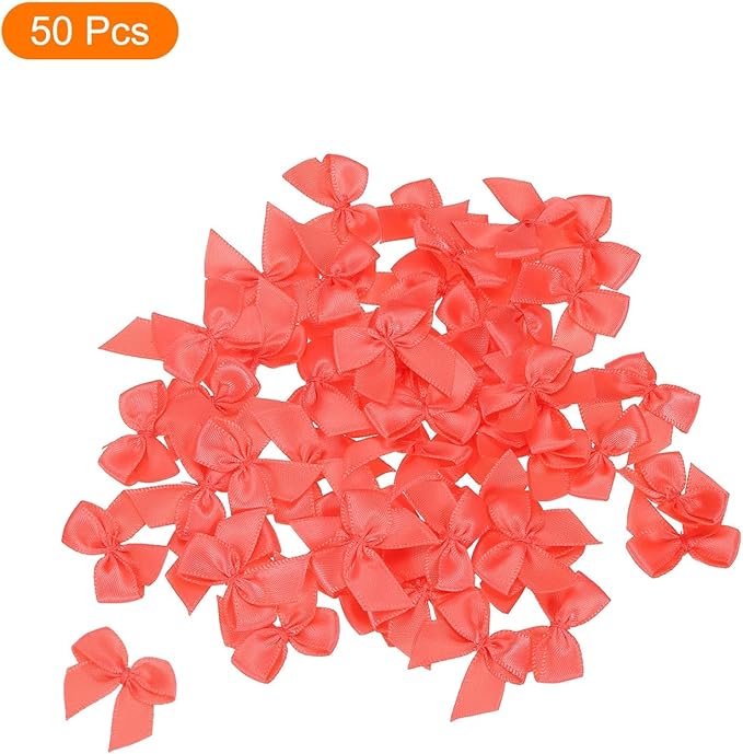 MECCANIXITY 50 Pcs Mini Ribbon Bow 1" Mini Fabric Satin Ribbon Flower Bows for Craft DIY Sewing Wedding Birthday Party Gift Wrap Bows Coral Pink
