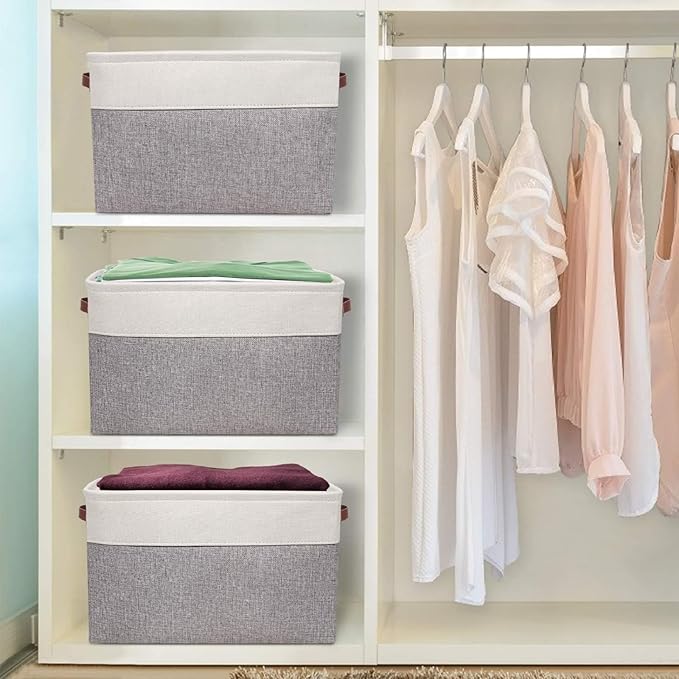 Univivi Fabric Storage Baskets Hard Bottom for Shelves,15X10.5X9.5 inch Rectangle Linen Closet Organizers,Foldable Storage Bins with PU Handles,Gray,4PC