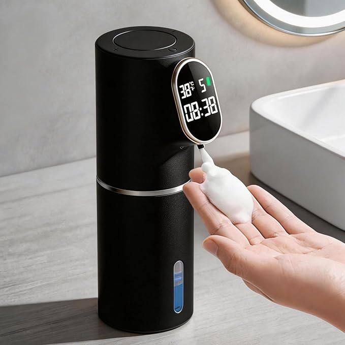 Automatic Soap Dispenser, 320ML Touchless Smart Hand Soap Dispenser, 5 Adjustable Soap Levels, Portable Countertop Electric Foam Soap Dispenser for Bathroom Kitchen Office (Black)