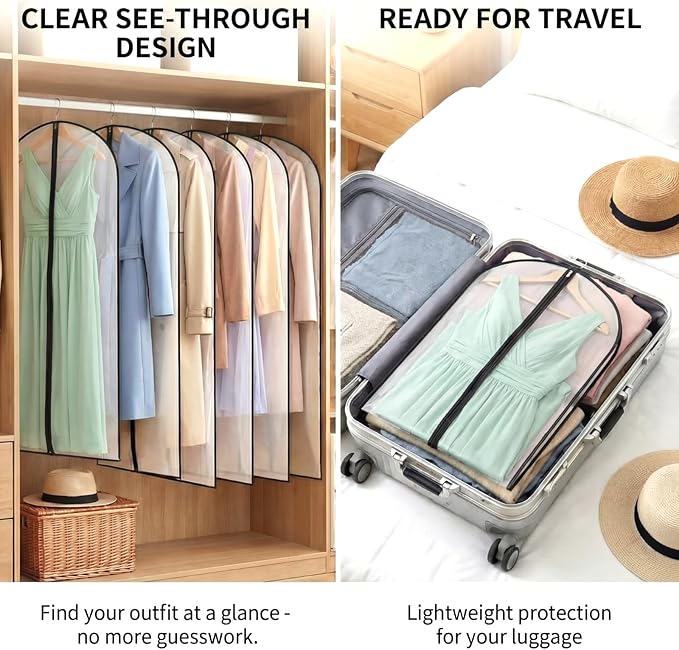 Amylove 40 Pcs 24 x 60 Inch Garment Bags Bulk Hanging Clothes Storage Covers for Closet Organization Dustproof Long Dress Bag Set for Wedding Dresses Gowns Coats Travel Suit (White Black)
