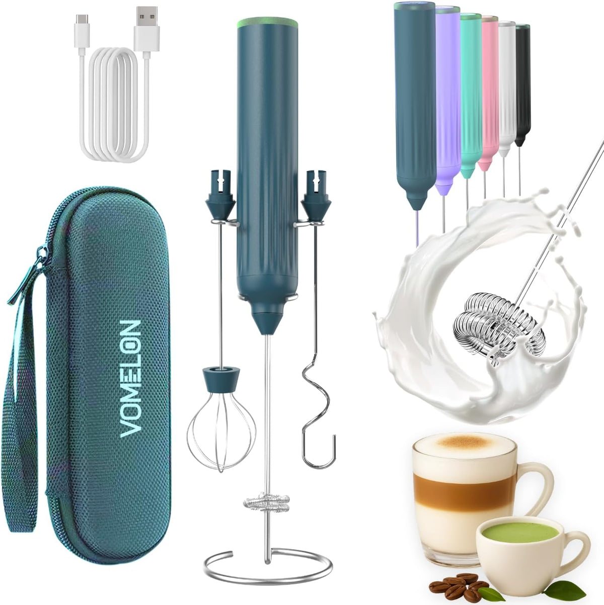 Milk Frother Handheld with 3 Stainless Steel Whisks, Rechargeable Electric Drink Mixer with Stand & Travel Case, Milk Foamer for Coffee, Latte