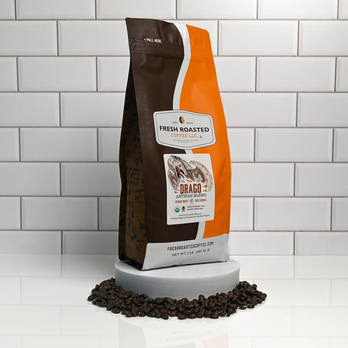 Fresh Roasted Coffee, Organic Drago Café Blend, USDA Organic, Kosher, Medium Roast 2 lb (32 oz) Whole Bean