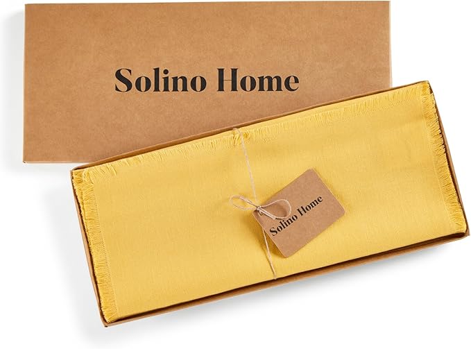 Solino Home Linen Fringe Table Runner 120 Inches Long - 100% Pure Linen Marigold Yellow Table Runner 14 x 120 Inch for Spring, Easter