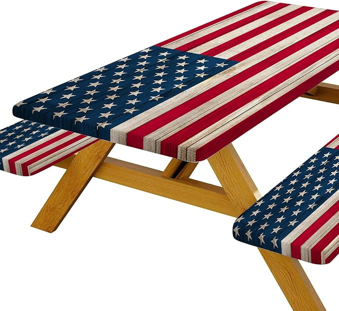 American Flag Picnic Table Cover with Bench Covers, Waterproof Windproof Oilproof, Camping Essentials, Fitted Tablecloth Cover with Elastic Edge, for Indoor & Outdoor, Garden, 3 Pieces Set, 30x96 Inch