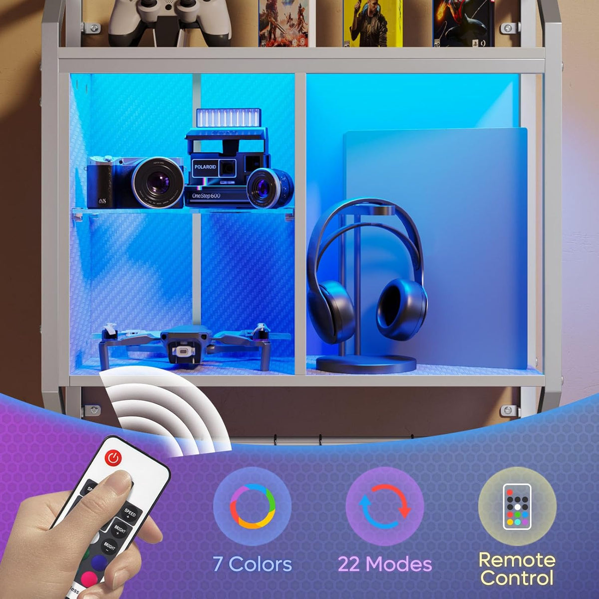 Bestier LED Gaming Floating Shelves for Wall, 25" Wall Mounted Shelf Pipe Adjustable Glass Shelves