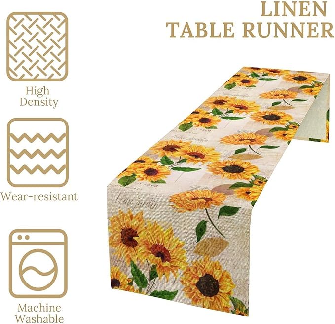 Sunflower Table Runner, Rustic Old Paper Seasonal Table Runner Farmhouse Kitchen Home Party Dining Room 13x36in
