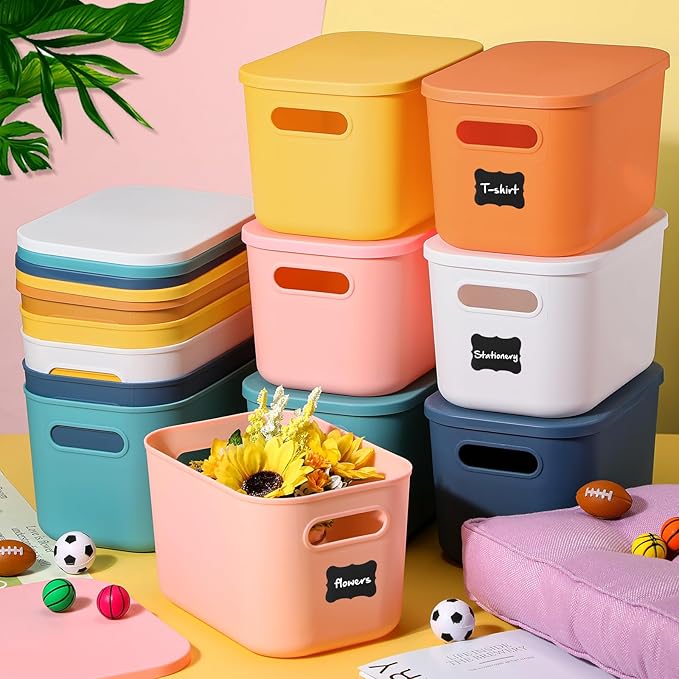 Thyle 24 Pack Classic Colorful Plastic Storage Bins with Lids 7 Quart Toy Storage Box Stackable Nestable Organizer Boxes with Handle and Labels for Classroom Shelf Bedroom Desktop Toys School Supplies