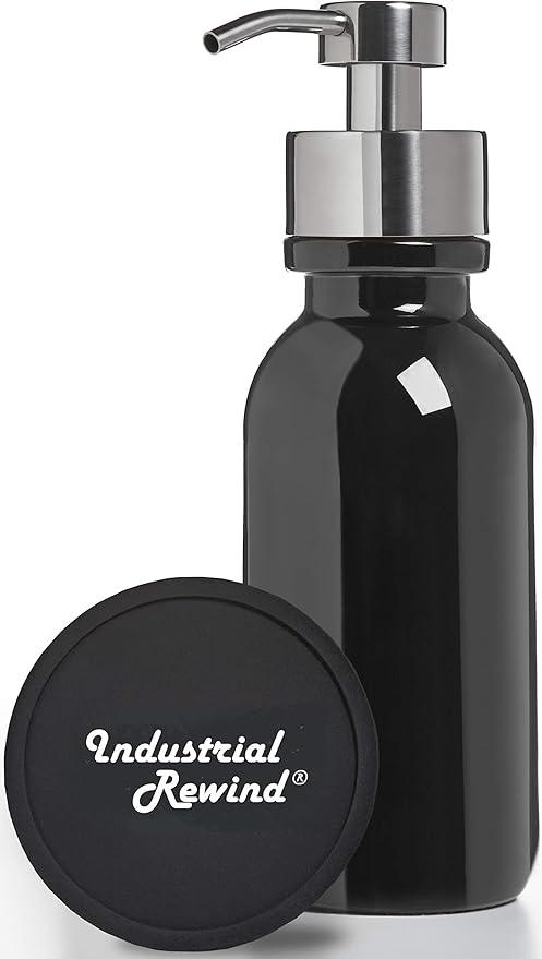 Black Glass Soap Holder for Foaming Soap, Includes Non Slip Bottom and Counter top Protector. 16oz Dispenser for Foaming Bath or Hand Soap by Industrial Rewind® (Black/Chrome)