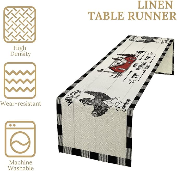 Rooster Table Runners, Black White Buffalo Plaid Rustic Cow Farm Animal Table Runner for Wedding Coffee Dining Table Party Home Farmhouse 13x120in
