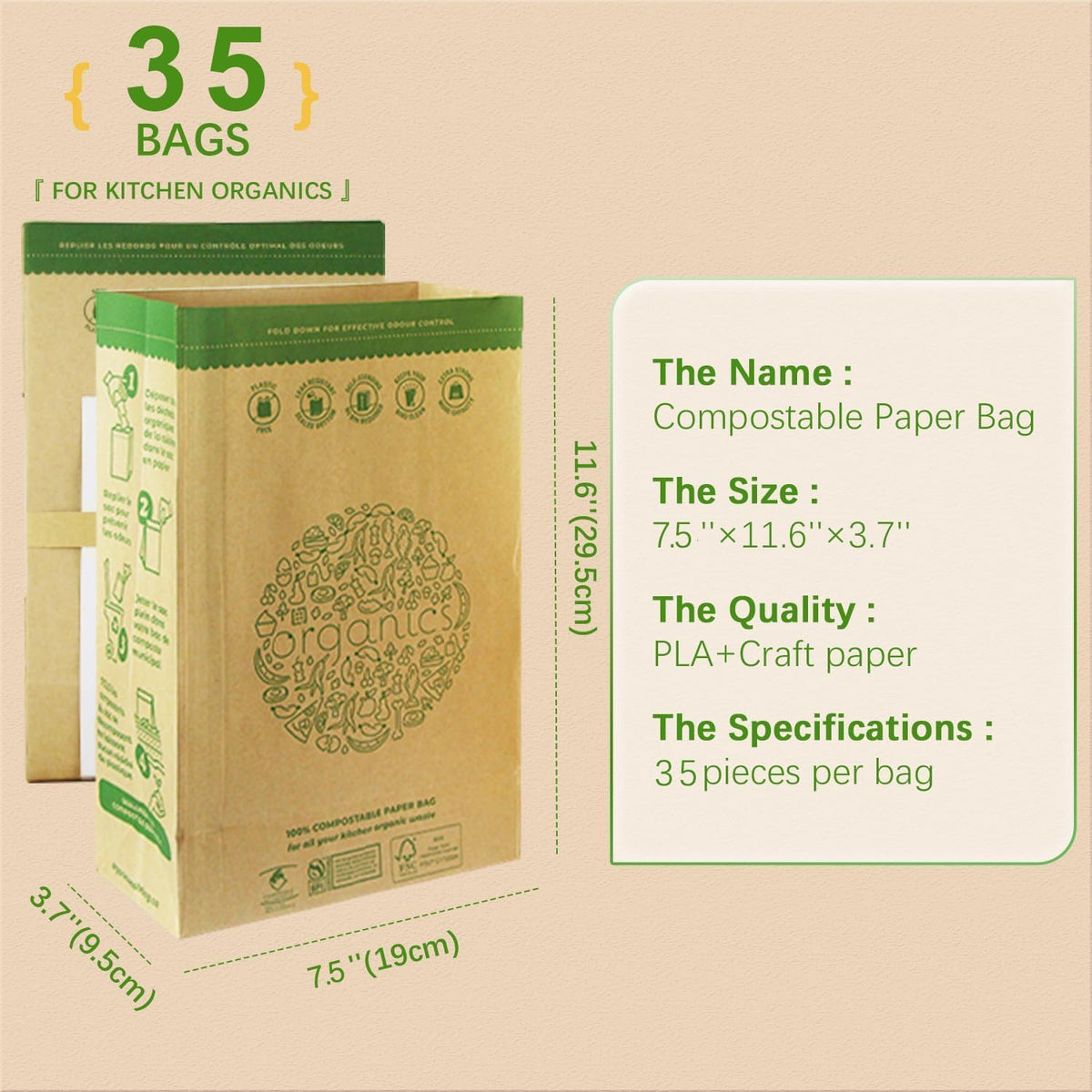 Hytrend-Kitchen Food Waste Bag-35 Bags-%100 Compostable paper Bag - Leak Resistant Liner - Plastic Free - Small-Certified by BNQ and BPI
