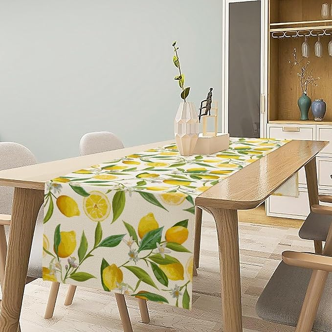 Lemon Table Runner, Summer Fruits Green Leaves Flower Plant Table Runner for Farmhouse Coffee Home Kitchen Dining Party Outdoor 13x90in