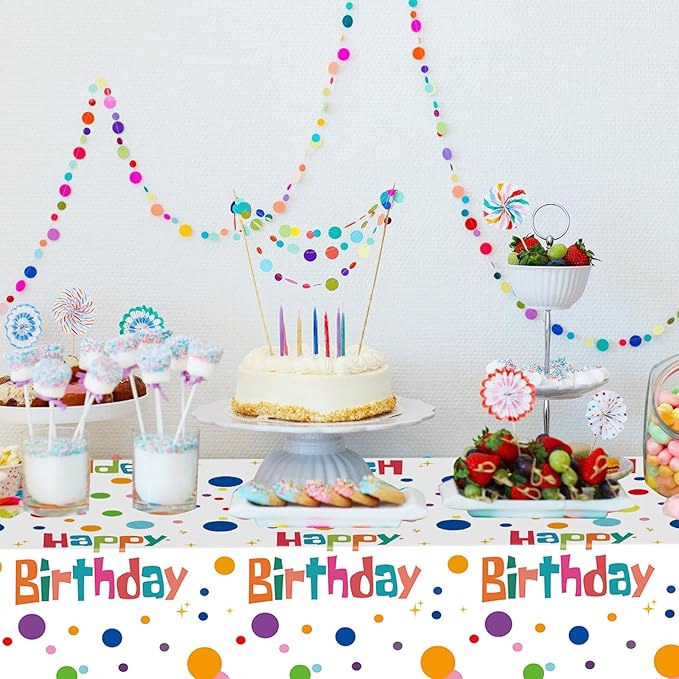 2 Pack Happy Birthday Tablecloth Party Decorations, 54X108inch Disposable Rectangle Colorful Polka Dots Table Cloths Waterproof Plastic Table Cover for Girls Boys Kids Birthday Supplies